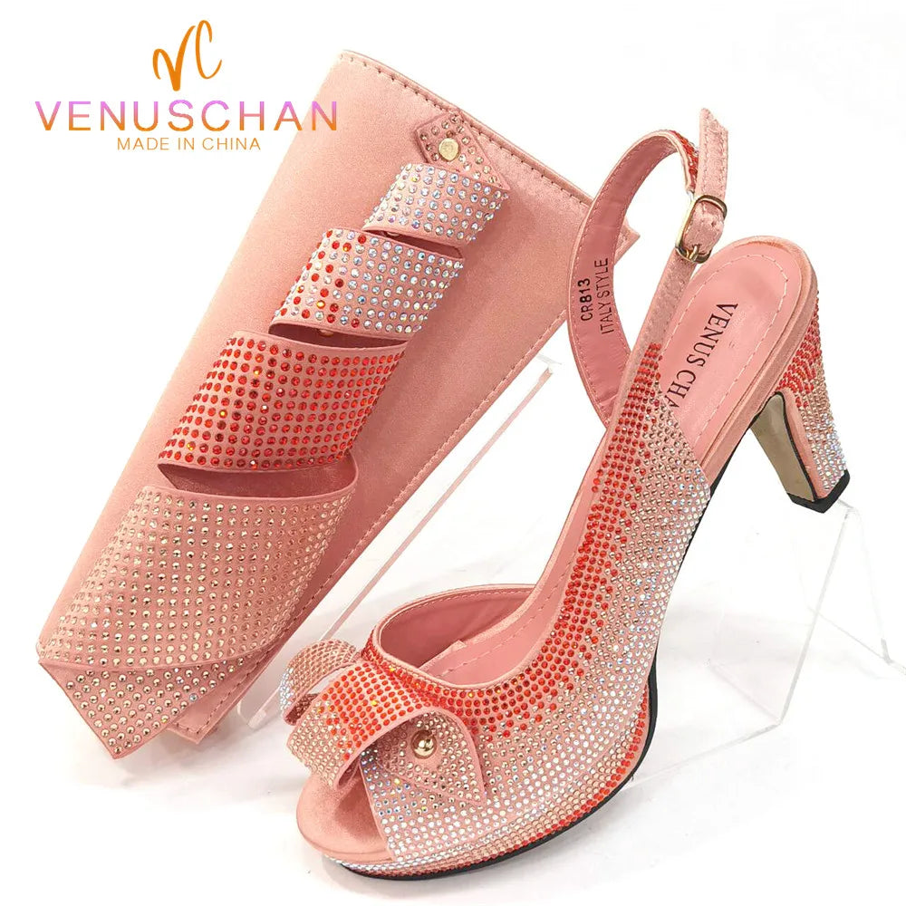 Affordable Rhinestone Pumps for a Dazzling Look---Peach Color Rhinestone Elegant High Heels Nigeria Popular Design African Ladies Shoes