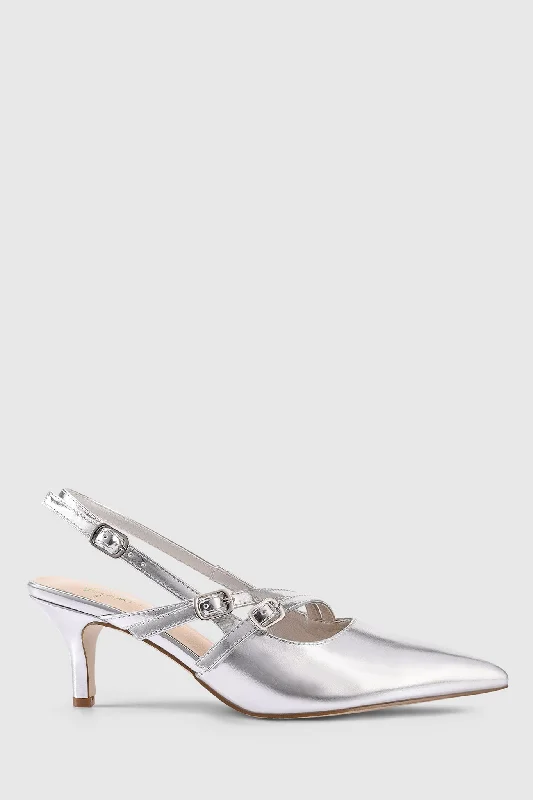 VERALi Zedd Point Toe Kitten Heels Silver Metallic---Fashionable Kitten Heels for Date Night