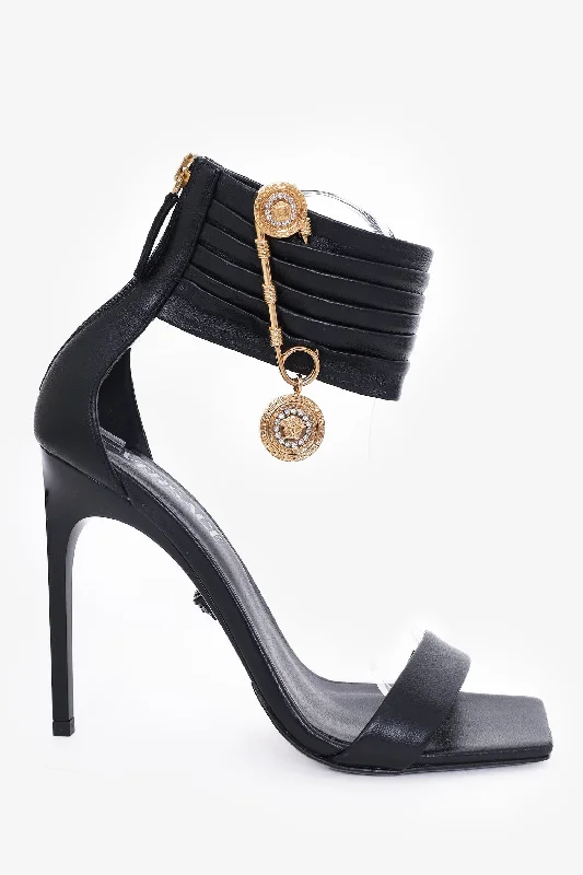 Versace Black Leather Safety Pin Heels Size 37---Comfortable Leather Pumps for Office and Everyday Wear