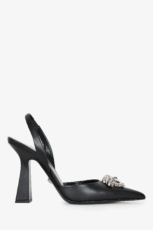 Stiletto Heel Pumps with Perfect Fit--Versace Black Leather Silver Toned Medusa Pointed Toe Heels Size 37-Fashionable & Classic