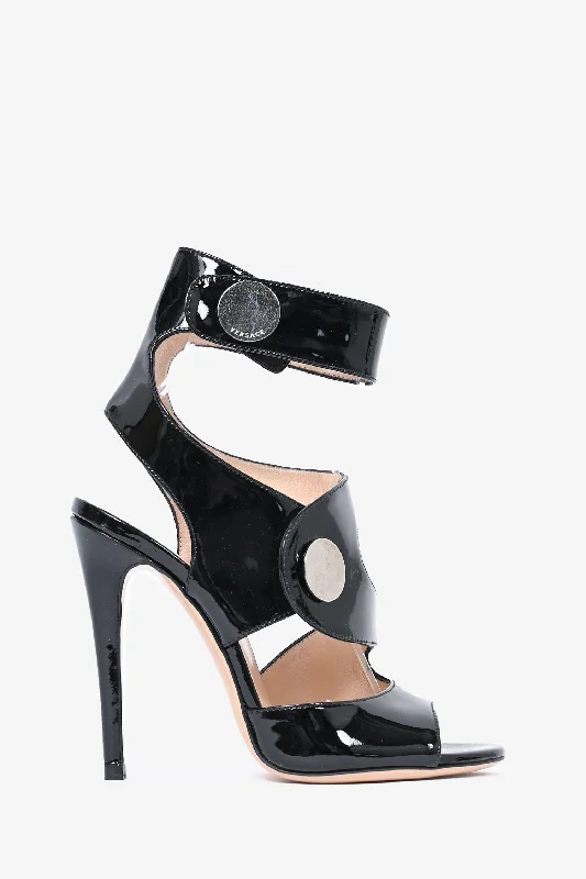 Sleek and Shiny Patent Pump Heels for a Polished Look--Versace Black Patent Cut-Out Open Toed Heels Size 5