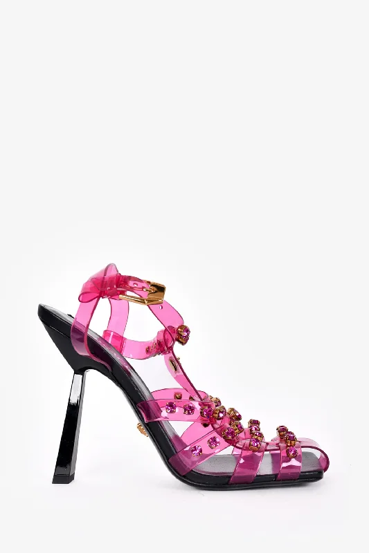 Versace Pink PVC Crystal Studded Square Toed Heels Size 39.5---Durable Square Toe Block Heels for Everyday Use