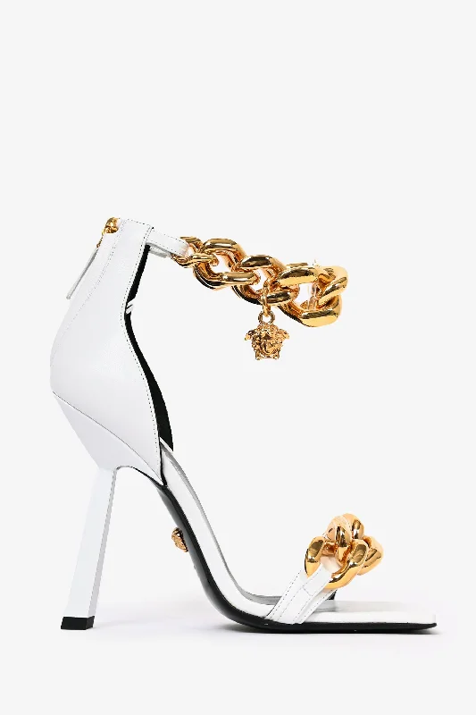 Versace White Leather Gold Chain Heels Size 36.5---Comfortable Leather Pumps for Office and Everyday Wear