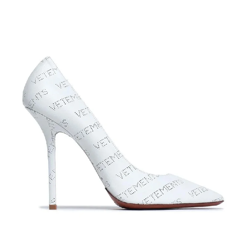 Vetements Women's Perforated Logo Leather Pump Heels White---Comfortable Leather Pumps for Office and Everyday Wear