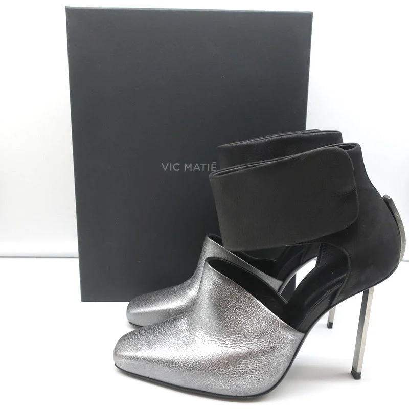 Vic Matie Metal Heel Pumps Black Nubuck & Silver Metallic Leather Size 37.5---Comfortable Leather Pumps for Office and Everyday Wear