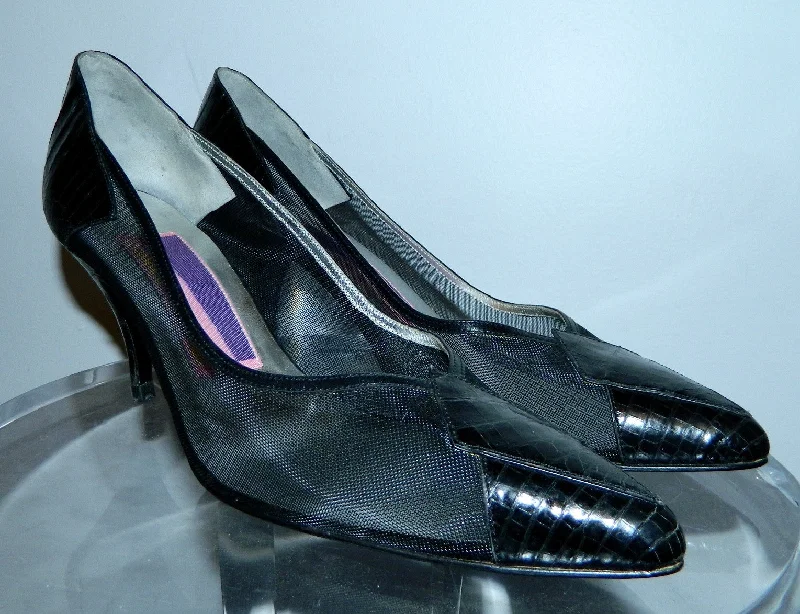 Stiletto Heel Pumps with Perfect Fit--vintage black heels 1980s  Susan Bennis Warren Edwards Tegu lizard 9 1/2 B-Fashionable & Classic