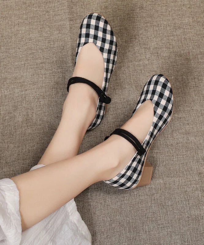 Versatile Dress Heels for Formal and Casual Wear---Vintage Buckle Strap Chunky High Heels Plaid Cotton Fabric