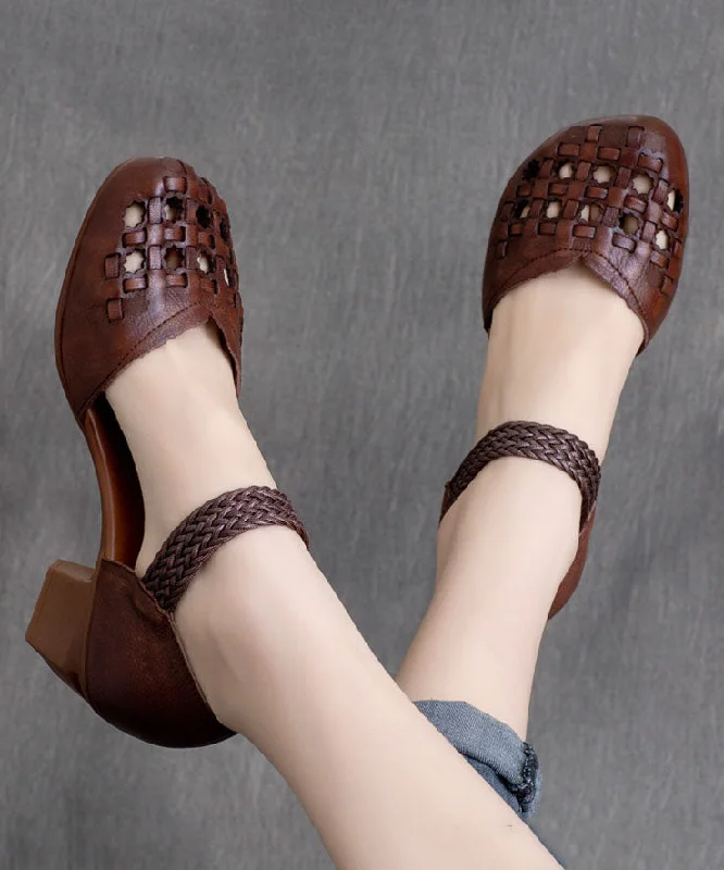 Vintage Buckle Strap Hollow Out Splicing Chunky Heel Brown Cowhide Leather---Comfortable Leather Pumps for Office and Everyday Wear