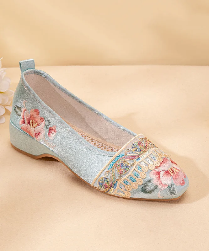 Stiletto Heel Pumps with Perfect Fit--Vintage Light Blue Satin Embroideried Shoes Splicing Wedge Pointed Toe-Fashionable & Classic