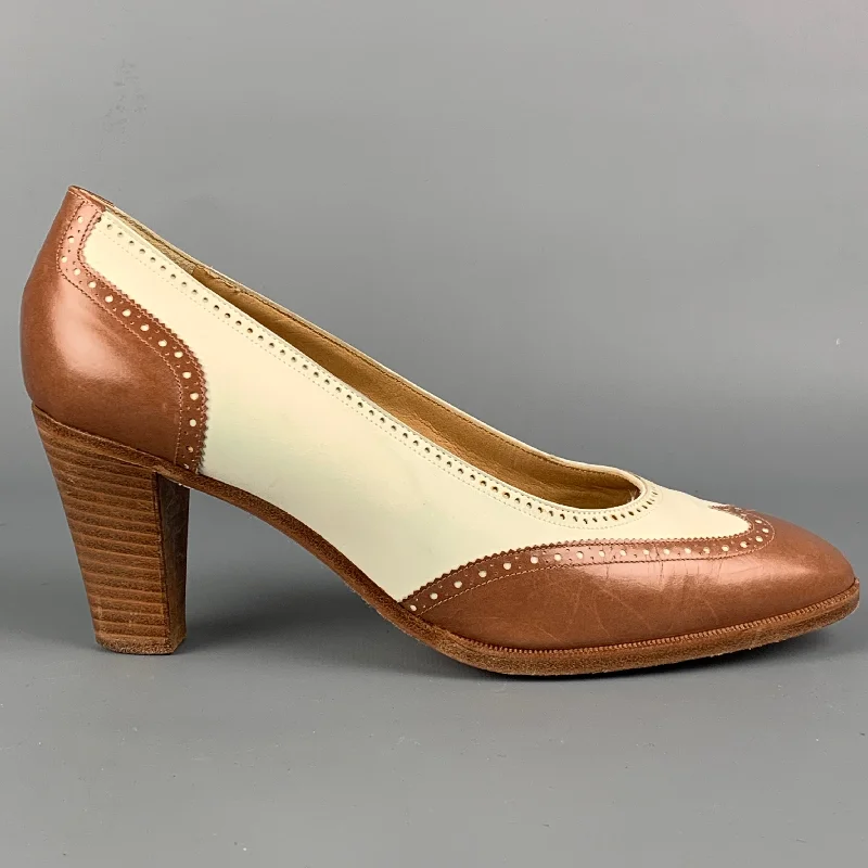 Vintage RALPH LAUREN Size 7 Tan & Cream Leather Perforated Pumps---Comfortable Leather Pumps for Office and Everyday Wear