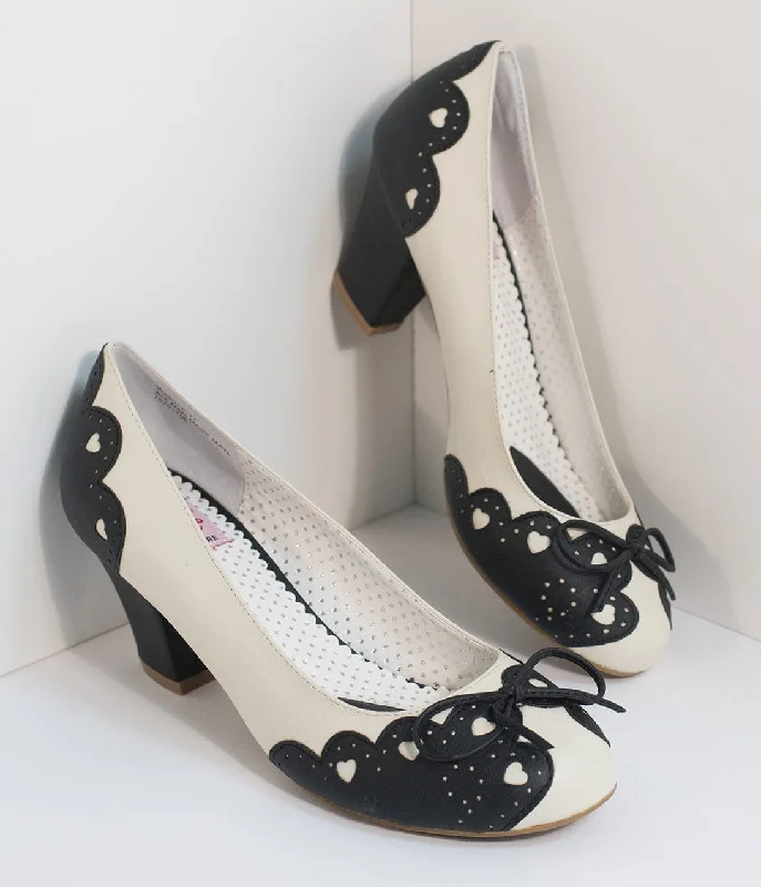 Vintage Style Black & Cream Cutout Leatherette Wiggle Pumps---Comfortable Leather Pumps for Office and Everyday Wear