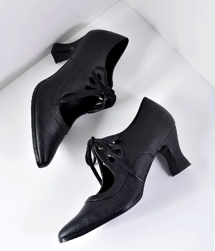 Stiletto Heel Pumps with Perfect Fit--Vintage Style Black Leatherette Bow Tie Pointed Toe Heels-Fashionable & Classic