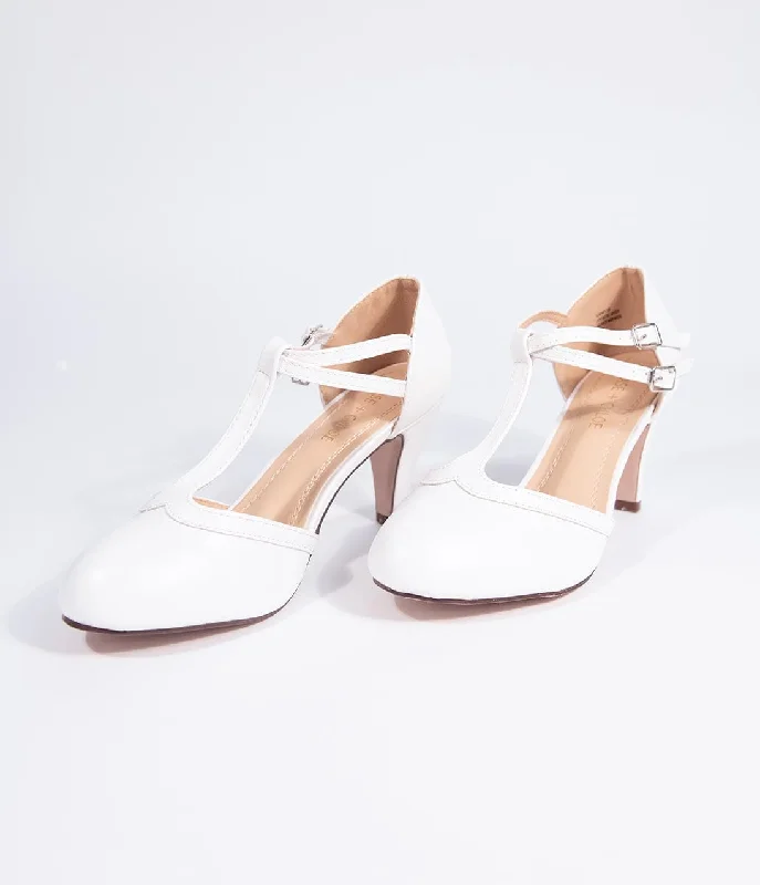 Vintage Style White Leatherette Round Toe T-Strap Heels---Comfortable Leather Pumps for Office and Everyday Wear