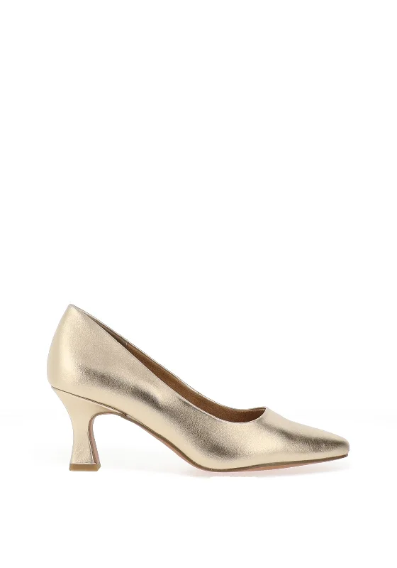 Marco Tozzi Faux Leather Tapered Heeled Shoes, Gold---Comfortable Leather Pumps for Office and Everyday Wear