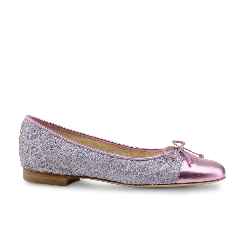 Werner Kern: Kay CapToe Ballerina Flat - Pink with Pink Sparkle Brocade | 0.5" Stacked Heel | MED | Flexible Raw Hard Leather Sole---Comfortable Leather Pumps for Office and Everyday Wear