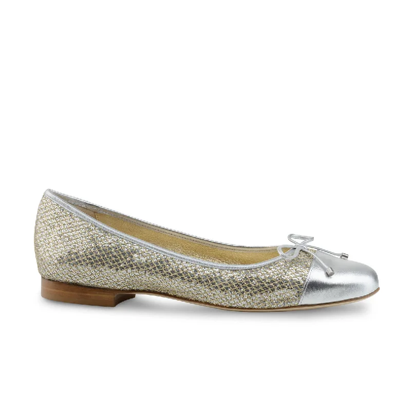 Werner Kern: Kay CapToe Ballerina Flat - Silver with Platinum Brocade | 0.5" Stacked Heel | MED | Flexible Raw Hard Leather Sole---Comfortable Leather Pumps for Office and Everyday Wear