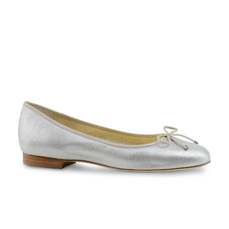 Versatile Heeled Sandals for Any Occasion---Werner Kern: Jane Classic Ballerina Flat Plain Toe - Silver Pixie Dust with Platinum Piping  | 0.5" Stacked Heel | MED | Flexible Raw HARDSOLE