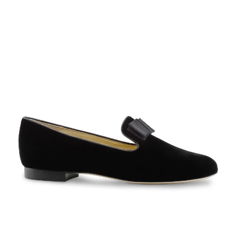 Trendy Chunky Heel Pumps for Casual Wear--Werner Kern: Women's Lee Loafer - Black Velvet with Black Grosgrain Bow | 0.5" Stacked Heel | MED | Flexible Raw HARDSOLE