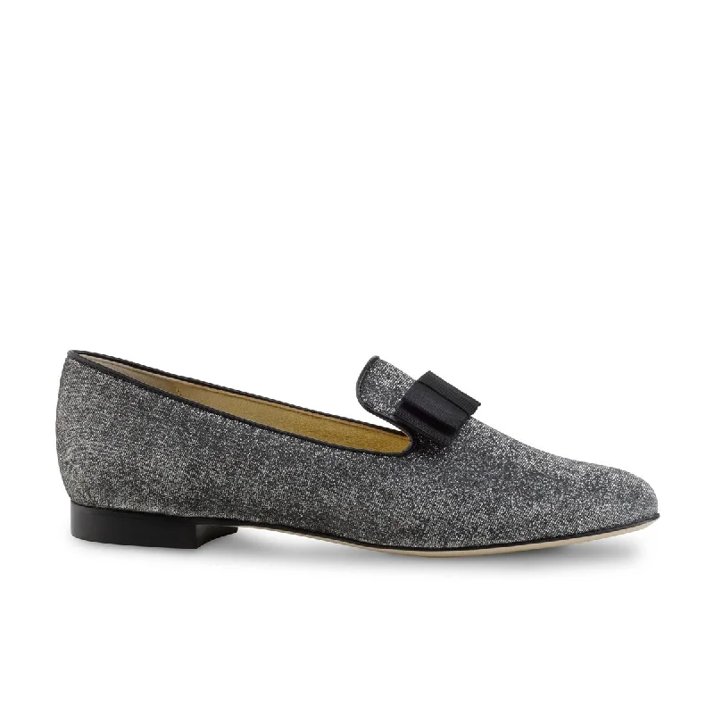 Trendy Chunky Heel Pumps for Casual Wear--Werner Kern: Women's Lee Loafer - Charcoal Sparkle with Black Grosgrain Bow | 0.5" Stacked Heel | MED | Flexible Raw HARDSOLE