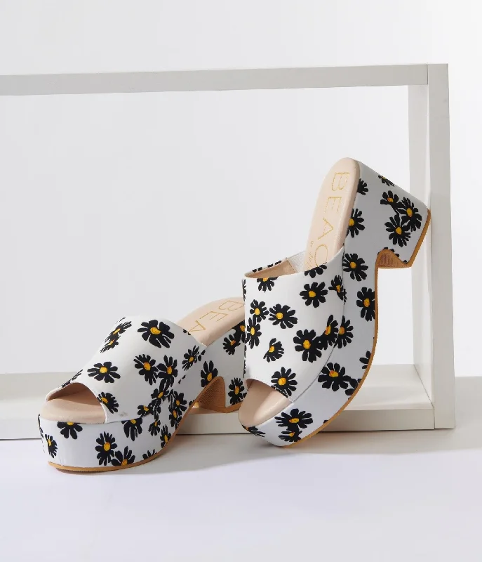 Stylish Platform Heels for Extra Height--White & Black Daisy Print Platform Mule