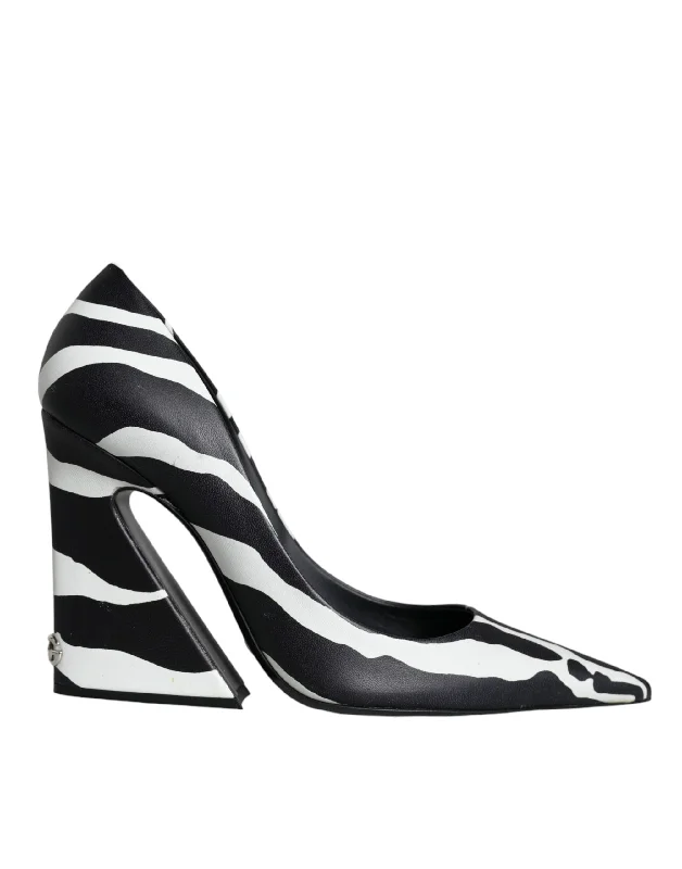 White Black Zebra Leather Heels Pumps Shoes---Comfortable Leather Pumps for Office and Everyday Wear