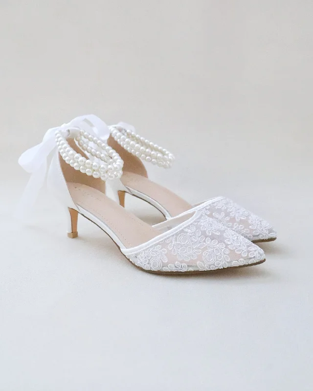 Stylish Lace Pumps for a Chic Look--Crochet Lace Pointy Toe Wedding Low Heels with Double Pearl Strap