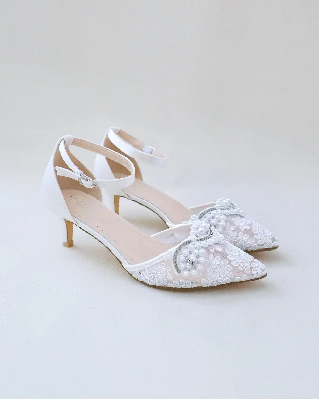 Stylish Lace Pumps for a Chic Look--Crochet Lace Pointy Toe Wedding Low Heels with Small Pearls Applique