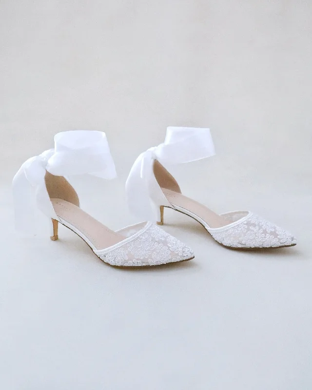 Stylish Lace Pumps for a Chic Look--Crochet Lace Pointy Toe Wedding Low Heels with Wrapped Ankle Tie