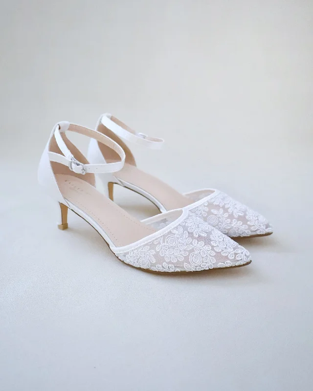 Stylish Lace Pumps for a Chic Look--Crochet Lace Pointy Toe Wedding Low Heels