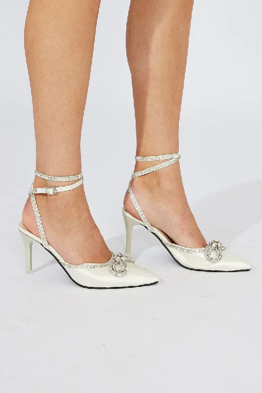 White Diamonte Bow Strappy Pointed Heels---Affordable Strappy Platform Heels with Premium Quality