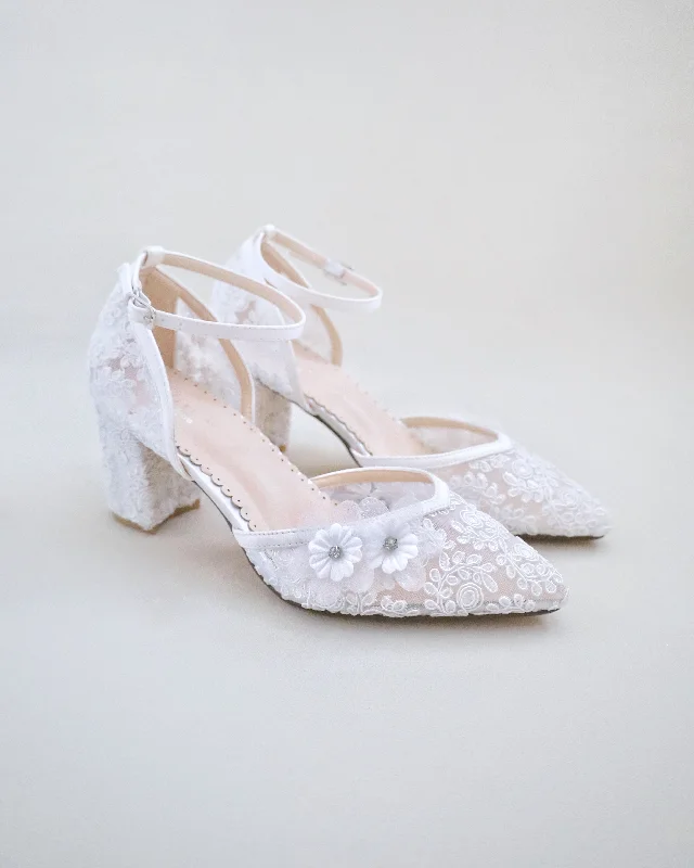 Trendy Chunky Heel Pumps for Casual Wear--Flower Embellished Lace Block Heels Wedding Shoes