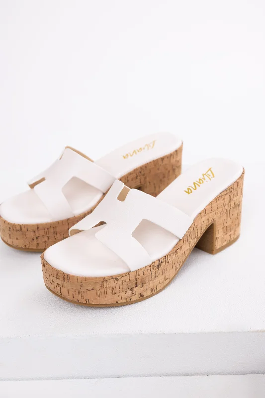 Stylish Platform Heels for Extra Height--White Geometric Strap Cork Platform Heels