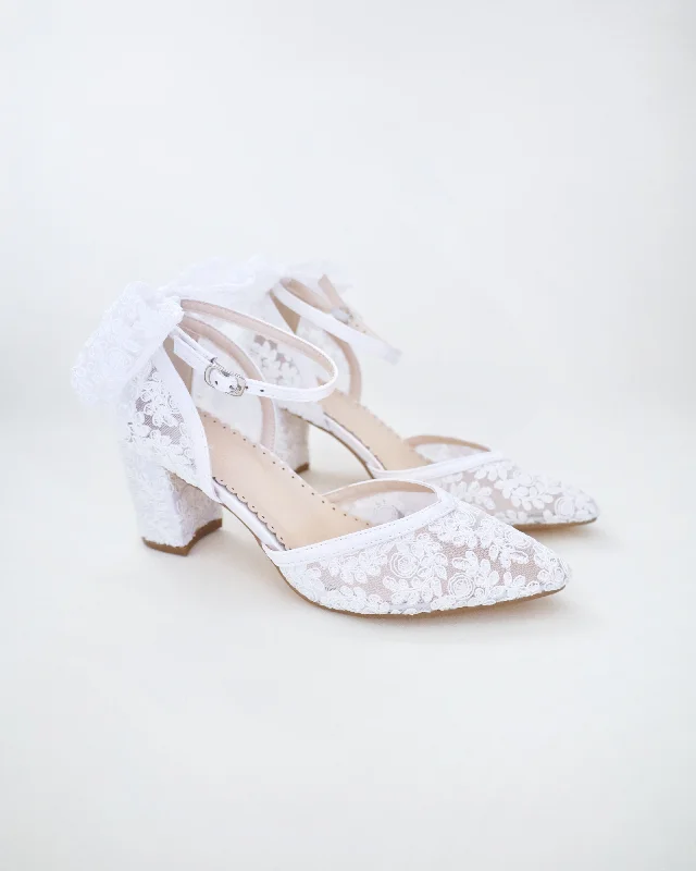 Trendy Chunky Heel Pumps for Casual Wear--Lace Block Heel For Weddings with Back Crochet Bow