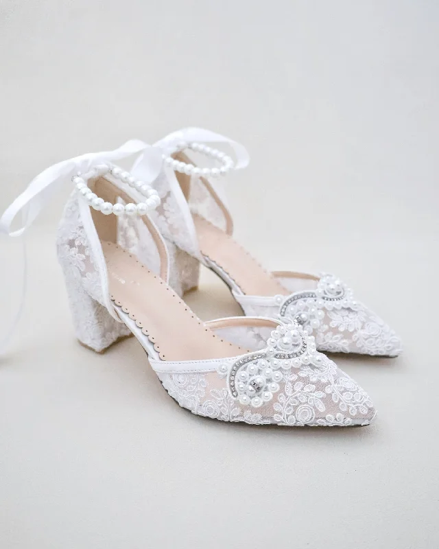 Trendy Chunky Heel Pumps for Casual Wear--Lace Block Heel Pearl Ankle Wrap For Brides