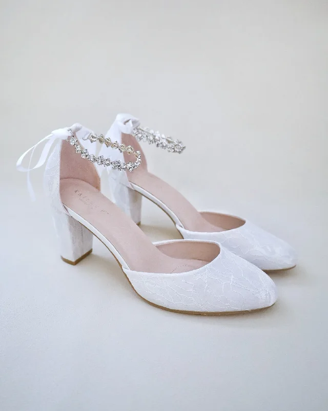 Trendy Chunky Heel Pumps for Casual Wear--Lace Block Heel with Amaryllis Crystal Strap