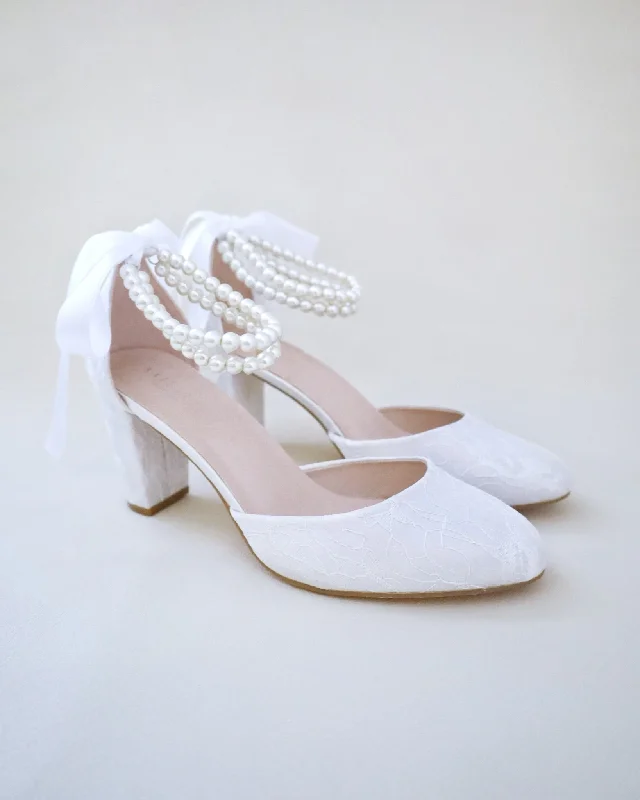 Stylish Ankle Strap Heels for Women--Lace Block Heel with Double Pearls Ankle Strap