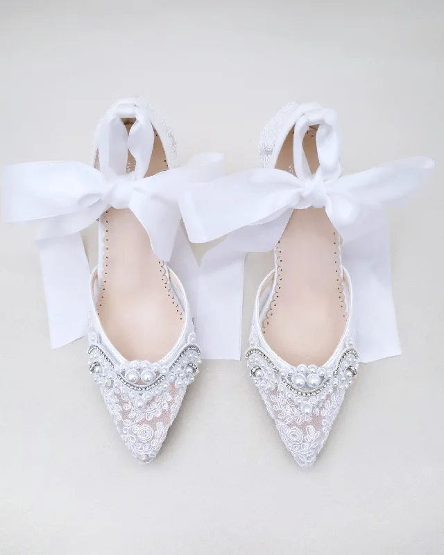 Trendy Chunky Heel Pumps for Casual Wear--Lace Wedding Block Heel with Pearl Detail