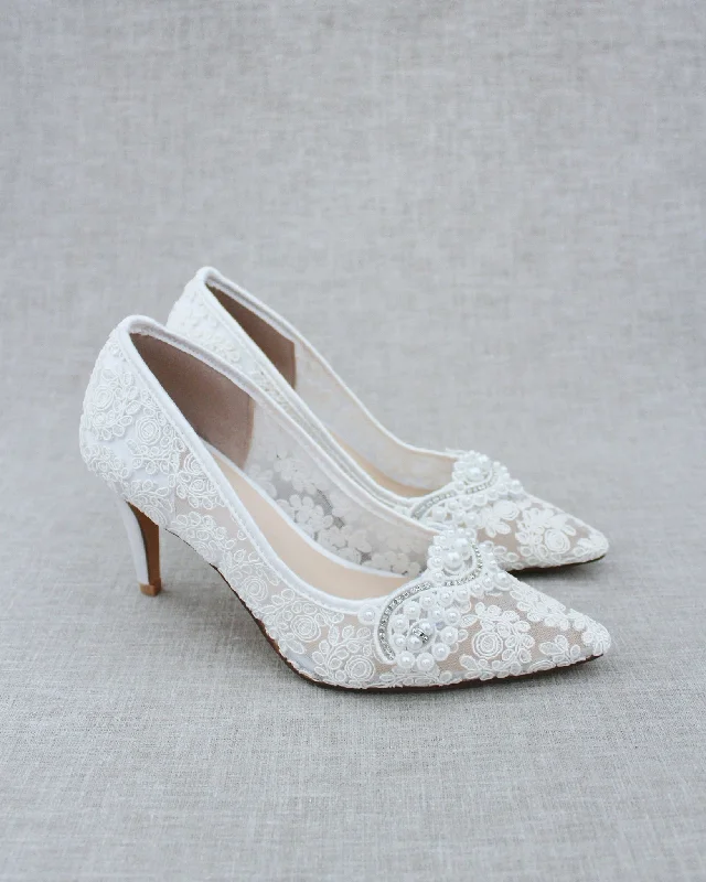 Stylish Lace Pumps for a Chic Look--Lace Wedding Heels with Pearl Detail