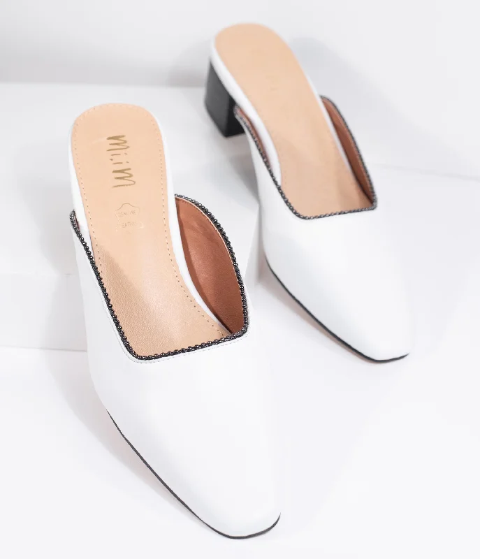 Stiletto Heel Pumps with Perfect Fit--White Leatherette Beaded Piping Pointed Toe Mule-Fashionable & Classic