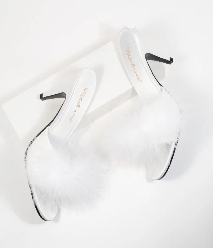 Trendy Peep Toe Platform Heels Crafted from Genuine Leather--White Marabou Feather Peep Toe Slipper Heel