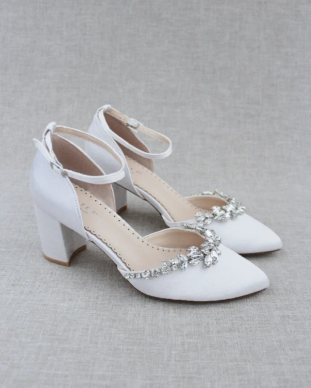 Trendy Chunky Heel Pumps for Casual Wear--Marquise Rhinestone Block Heel Wedding Shoes