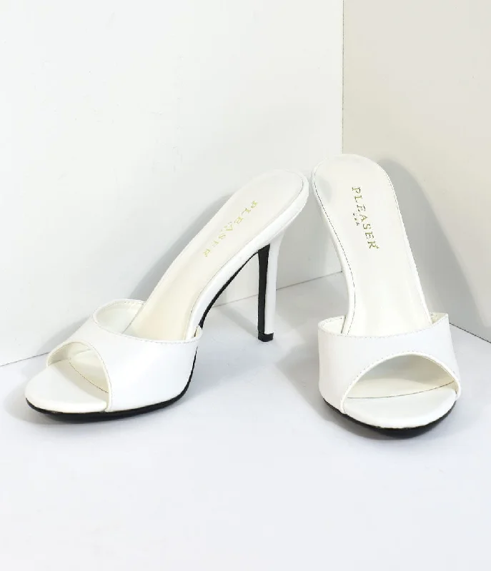 Trendy Peep Toe Platform Heels Crafted from Genuine Leather--White Matte Leatherette Peep Toe Slip On Heels