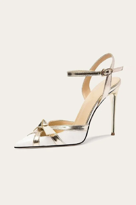 Stylish Ankle Strap Heels for Women--White Pointed Toe Ankle Strap High Heels with Bow