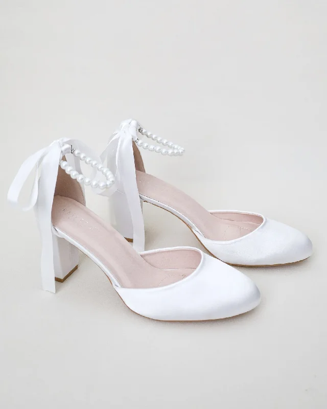 Stylish Ankle Strap Heels for Women--Satin Block Heel with Pearls Ankle Strap