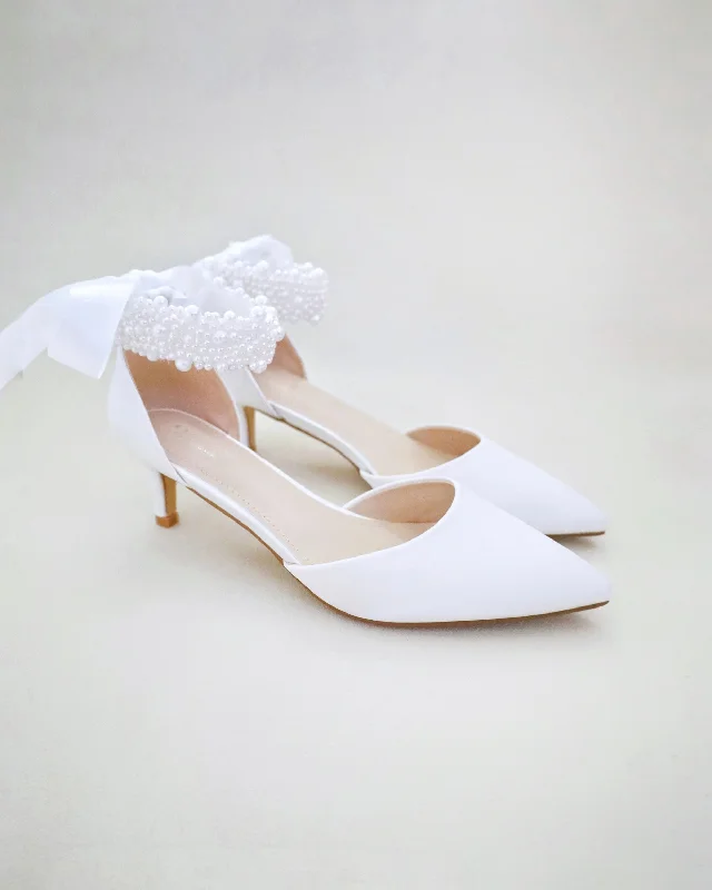 Stylish Ankle Strap Heels for Women--Satin Pointy Toe Low Heels with Perla Ankle Strap