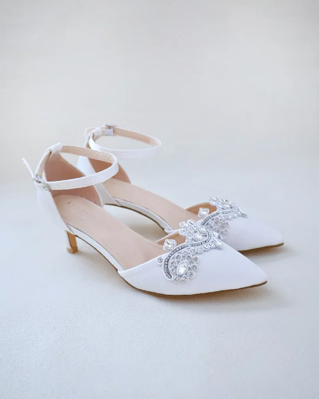 Satin Pointy Toe Low Heels with Rhinestones AppliqueAffordable Satin Heels with a Luxe Touch