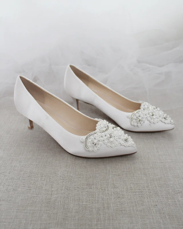 White Satin Pointy Toe Pump Low Heel with Oversized Pearls AppliqueAffordable Satin Heels with a Luxe Touch