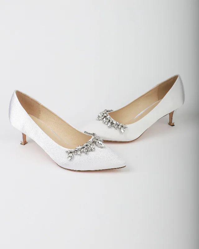 White Satin Pointy Toe Pump Low Heel with Teardrop RhinestonesAffordable Satin Heels with a Luxe Touch