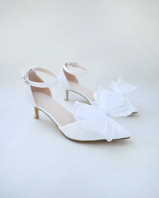 Satin Pointy Toe Wedding Low Heels with Layered Organza BowAffordable Satin Heels with a Luxe Touch