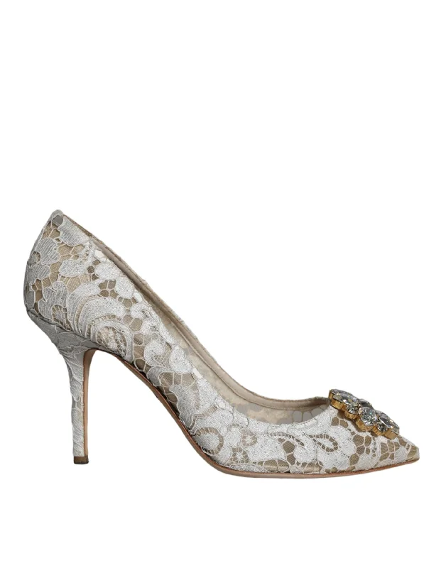 Affordable Rhinestone Pumps for a Dazzling Look---White Taormina Lace Crystal Heel Pumps Shoes